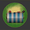 Fresh Fruit Stall With Blue White Striped Awning Bananas Crates On Green Grass