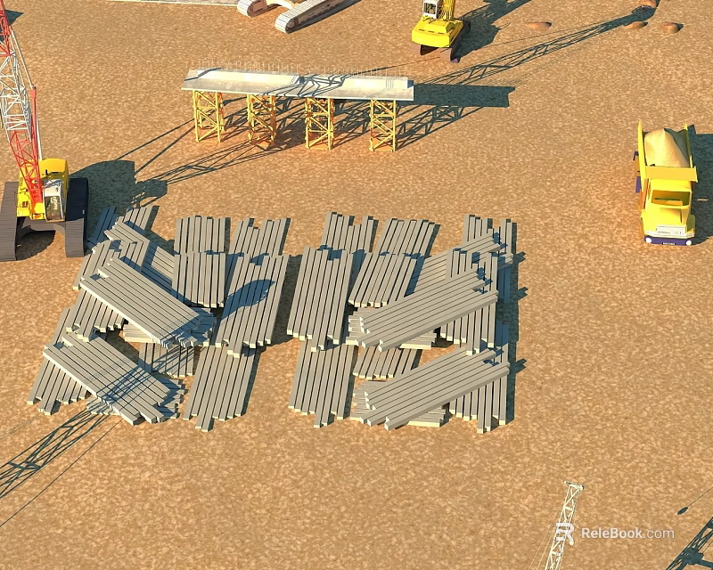 Landscape Sculpture Construction Site With Crane Yellow Trucks And Stacked Metal Beams 3d model 