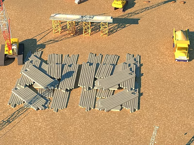 Landscape Sculpture Construction Site With Crane Yellow Trucks And Stacked Metal Beams 3d model