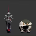 Red Feathered Armored Character And Egg Shaped Creature With Green Shell And Yellow Horns
