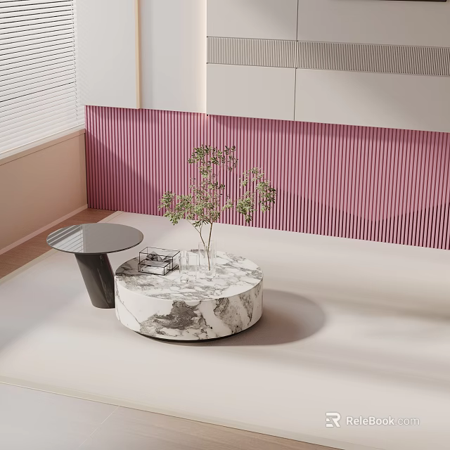Modern Sofa and Coffee Table Set With Round Marble Table Plant and Striped Wall Interior 3d model 