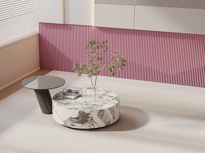 Modern Sofa and Coffee Table Set With Round Marble Table Plant and Striped Wall Interior 3d model