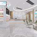 Modern Dental Clinic Interior With Dental Chair Computer White Cabinets Blue Wall And Red Seats