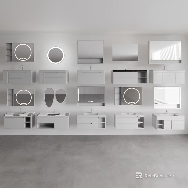 Modern Bathroom Vanity Units With Mirrors And Storage Shelves In Various Styles 3d model 