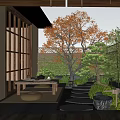 Japanese Garden Decor Featuring Wooden Table Stools Red Leaf Tree Pine Plants And Stone Path