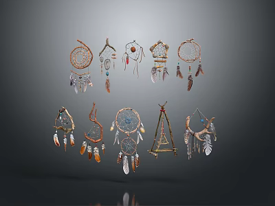 Varied Traditional Dreamcatchers With Different Designs Feather Bead And Web Ornaments 3d model