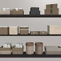 Organized Storage Baskets in Neutral Tones with Stackable Boxes on Shelves 3d model