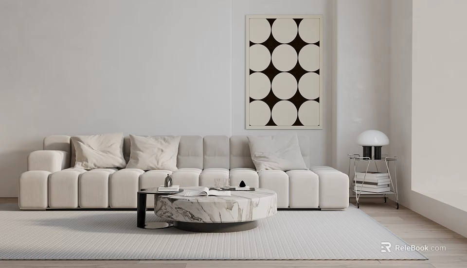Modern Living Room Featuring Light Multi Seater Sofa Cushions Marble Coffee Table Circular Wall Art 3d model 