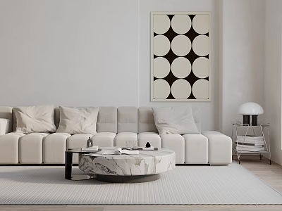 Modern Living Room Featuring Light Multi Seater Sofa Cushions Marble Coffee Table Circular Wall Art 3d model