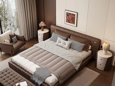 Modern Double Bed with Brown Headboard Gray White Bedding and Nightstand Table Lamp in Bedroom 3d model