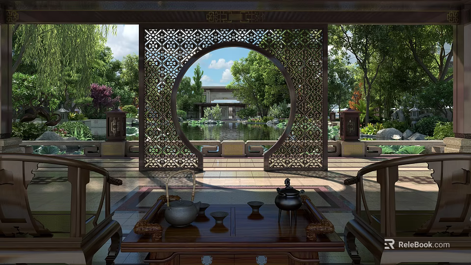 Chinese Style Residential Landscape With Moon Gate Courtyard Pond And Traditional Tea Table 3d model 