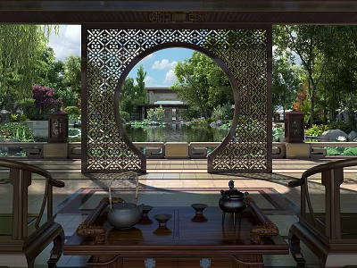 Chinese Style Residential Landscape With Moon Gate Courtyard Pond And Traditional Tea Table 3d model