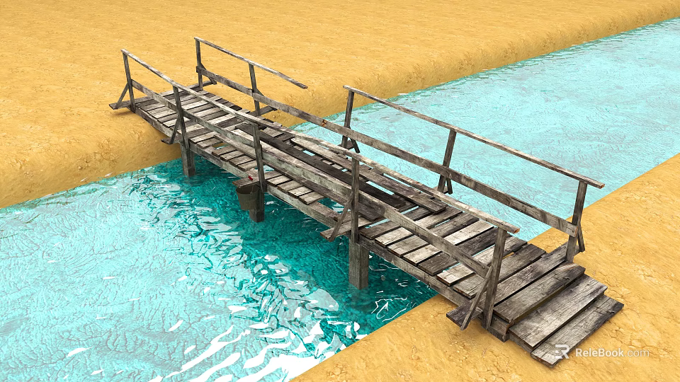 Rustic Wooden Bridge Over Clear Water Surface With Sandy Ground And Weathered Planks 3d model 