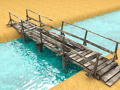 Rustic Wooden Bridge Over Clear Water Surface With Sandy Ground And Weathered Planks 3d model