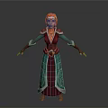 3D Fantasy Character With Red Hair Green Purple Robe Decorative Belt And Intricate Patterns Standing