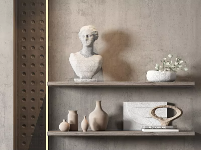 Decorative Ornament Set With Bust Sculpture Green Plant Ceramic Vases Circular Ornament And Wooden Shelves 3d model
