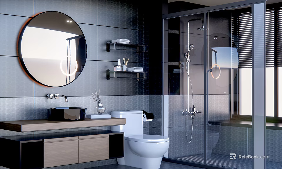 Modern Bathroom Interior With Round Mirror Wall Mounted Shelves Toilet And Glass Shower Enclosure 3d model 