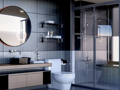 Modern Bathroom Interior With Round Mirror Wall Mounted Shelves Toilet And Glass Shower Enclosure 3d model