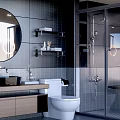 Modern Bathroom Interior With Round Mirror Wall Mounted Shelves Toilet And Glass Shower Enclosure