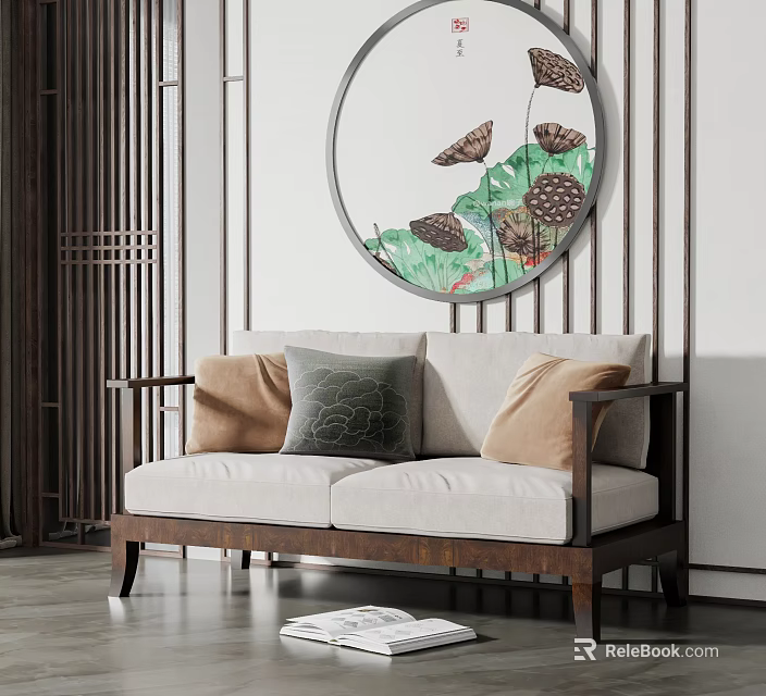 Light Colored Two Seater Sofa With Decorative Pillows Circular Lotus Painting And Wooden Frame 3d model 