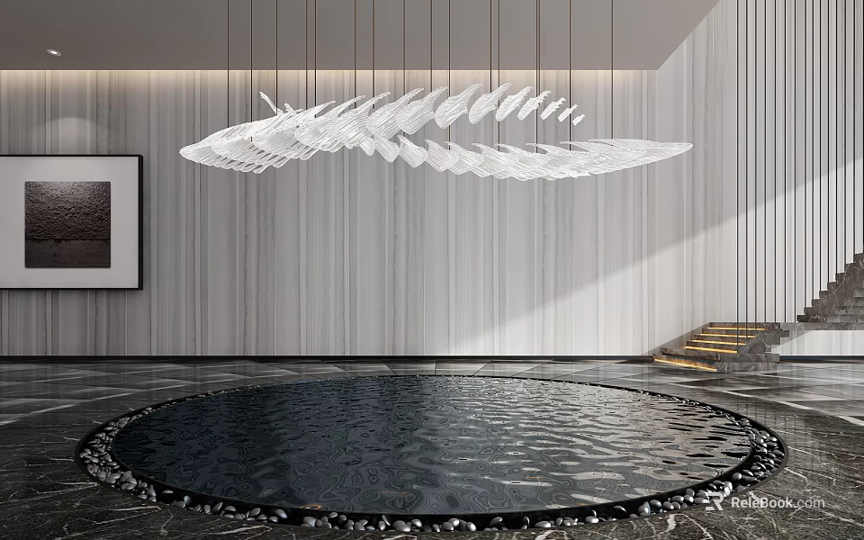 Modern Crystal Chandelier With Leaf Shaped Design Hanging In Contemporary Interior Space 3d model 