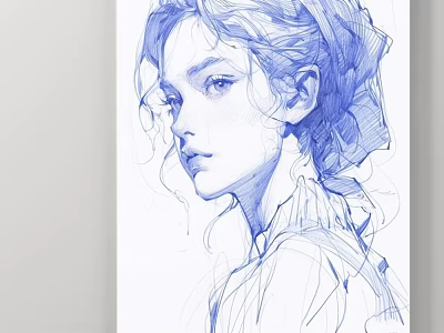 Blue Line Female Portrait Sketch With Detailed Hair And Clothing Artwork 3d model