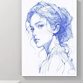 Blue Line Female Portrait Sketch With Detailed Hair And Clothing Artwork
