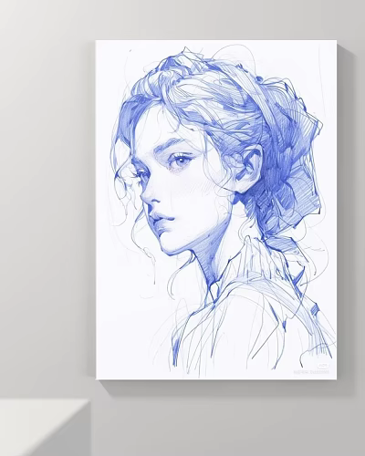 Blue Line Female Portrait Sketch With Detailed Hair And Clothing Artwork 3d model