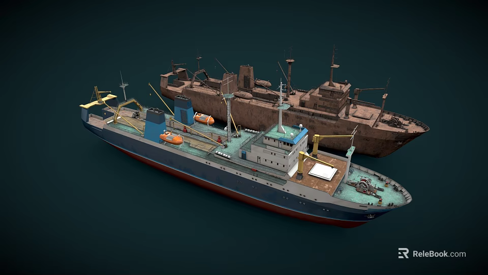 Modern Blue Cargo Ship And Rusty Brown Old Vessel With Deck Equipment Structures 3d model 