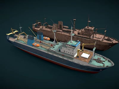 Modern Blue Cargo Ship And Rusty Brown Old Vessel With Deck Equipment Structures 3d model