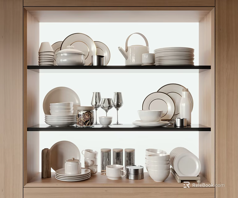 Elegant Tableware Set Arranged On Wooden Shelves 3d model 