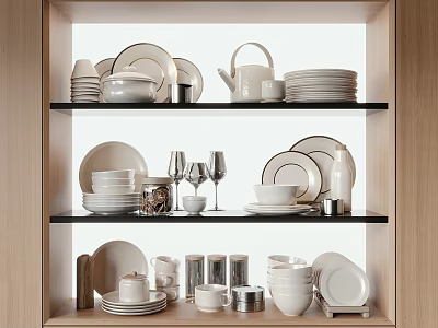 Elegant Tableware Set Arranged On Wooden Shelves 3d model