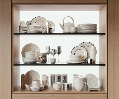 Elegant Tableware Set Arranged On Wooden Shelves 3d model