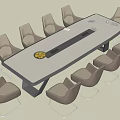 Modern Office Desk With Light Surface Dark Stripe Surrounded By Beige Chairs And Fruit Bowl