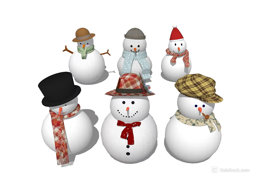 Cute Snowmen Characters With Different Hats And Colorful Scarves For Winter 3d model 