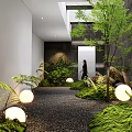 Modern Courtyard Garden Design With Lush Greenery Trees Stone Pathway And Round Lights