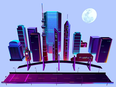 Cartoon City Scene With Tall Buildings Full Moon And Bridge At Night 3d model