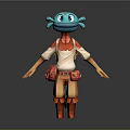 3D Blue Creature Character Wearing Red Backpack White Red Shirt And Brown Pants