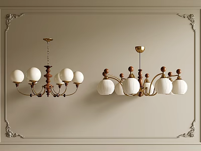 Vintage Metal And Wooden Chandeliers With White Globe Shades Hanging On Ornate Framed Wall 3d model