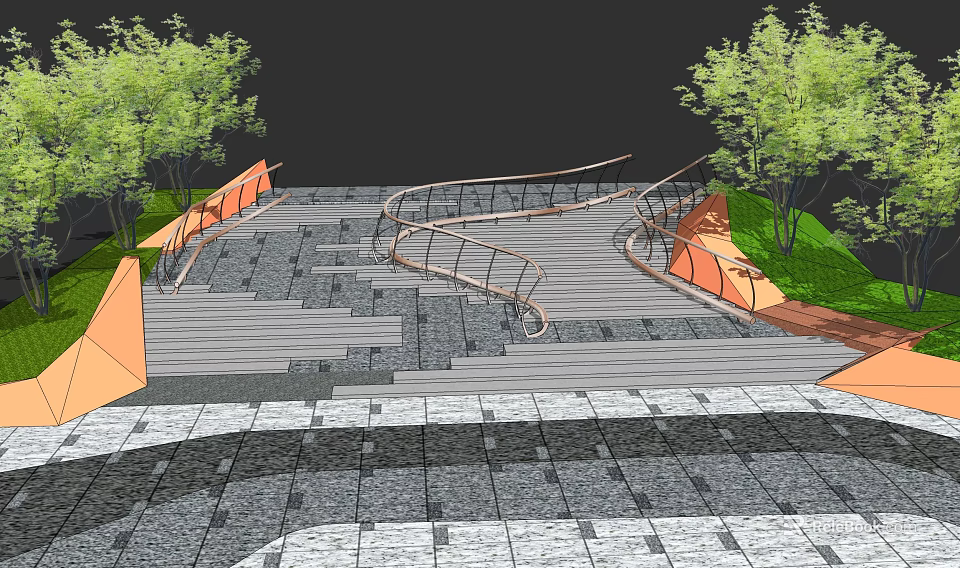 Outdoor Curved Staircase With Stone Pavement Orange Rails And Green Trees 3d model 