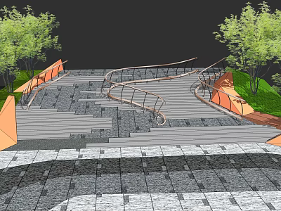 Outdoor Curved Staircase With Stone Pavement Orange Rails And Green Trees 3d model