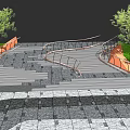 Outdoor Curved Staircase With Stone Pavement Orange Rails And Green Trees