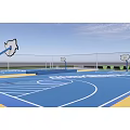 Basketball Gymnasium With Two Courts Blue Yellow Flooring And Seating Areas