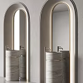 Two Cylindrical Marble Washbasins in Arched Doorframes with Sleek Metal Faucets