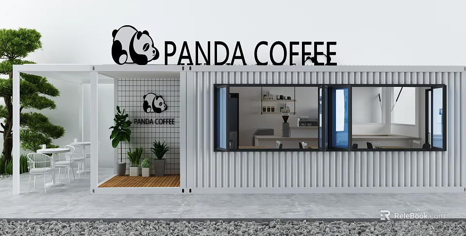 Panda Coffee Container Cafe Modern Exterior With Panda Logo Green Plants And Open Design 3d model 