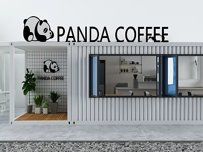 Panda Coffee Container Cafe Modern Exterior With Panda Logo Green Plants And Open Design 3d model