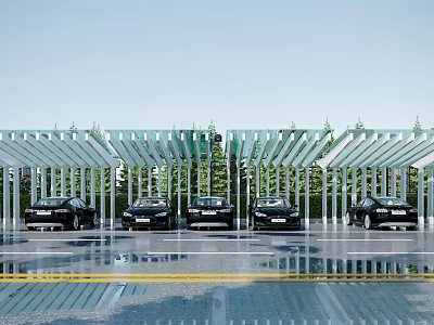 Modern Carport With Glass Roof Covering Black Cars In Parking Area And Green Trees 3d model