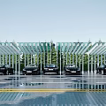 Modern Carport With Glass Roof Covering Black Cars In Parking Area And Green Trees