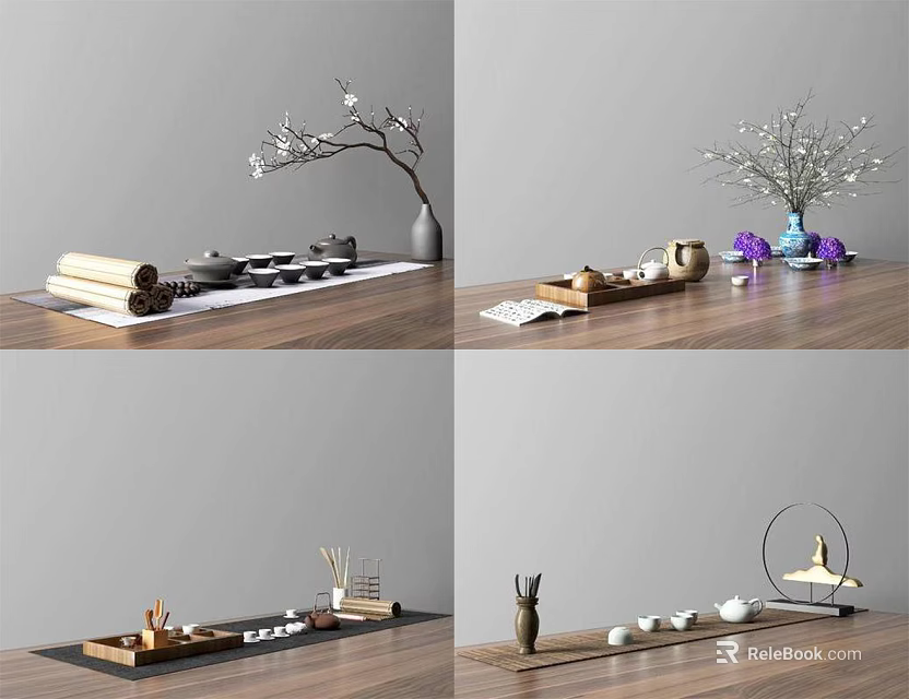 Elegant Ceramic Tea Set with Teapot Teacups and Decorative Flowers on Wooden Tray 3d model 