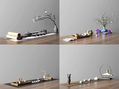 Elegant Ceramic Tea Set with Teapot Teacups and Decorative Flowers on Wooden Tray 3d model